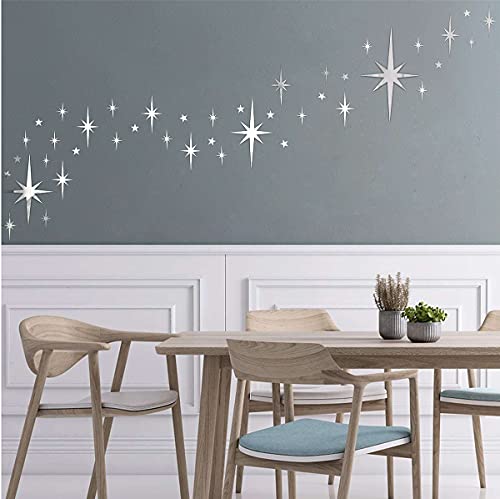 Retro Starburst Mirror Wall Decals Silver 3D Acrylic Sparkle Wall Decors Star Wall Stickers Removable Star Decals Home Wall Decors(123Pcs) #TOP7