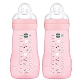 MAM Pack 2 Biberones, 2-4 Meses, 270ml, con Tetina 2 de Flujo Medio de Silicona de Fácil Aceptación, Fácil de Sostener, Fácil de Limpiar, MAM Easy Active, Rosa Brillante, Pack de 2uds
