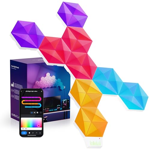 Smart LED Hexagon Wall Light Panels, lumières Murales LED avec RGB-IC, Changement de Couleurs DIY, Synchro avec la Musique, Interrupteur Horaire, Fonctionne avec Alexa Google Assistant, 9 pcs
