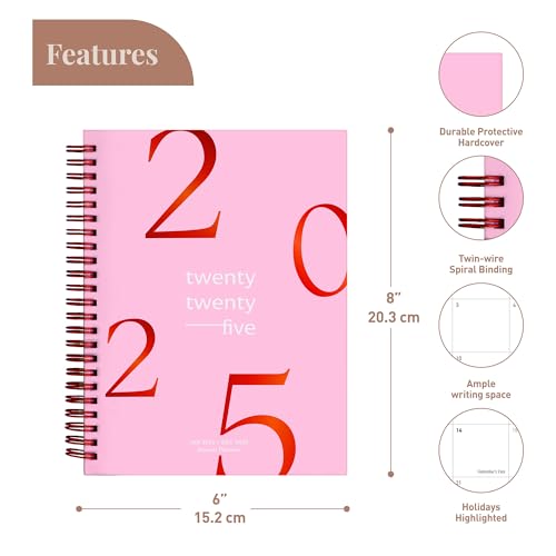 Rileys & Co 2025 Floating Weekly Planner - Annual Weekly & Monthly Agenda Planner, Jan - Dec 2025, Flexible Cover, Notes Pages, Twin-Wire Binding (6 x 8-Inches, Pink)