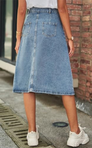 CHARTOU Casual Jean Skirts for Women Midi Denim Skirt Button Down A Line Skirt Flared Blue Jean Skirt with Pockets4