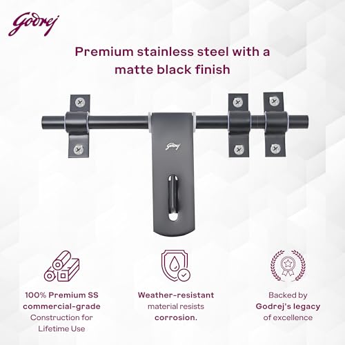 Image of Godrej Door Fittings | Aldrop for Main Door (10 inch, Matte Black) | Premium SS Latch /Kadi for Left or Right Handed-Doors | Aldrops for Double Doors, Home, Bedroom, Puja Room | Size 250 X 14 mm