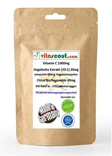 Vitamin C 1000 mg - 270 Tabletten + Citrus Bioflavonoide 40 mg + Hagebutten-Extrakt 20 mg, vegan, ohne Magnesiumsalze der Speisefettsäuren (Magnesiumstearat)