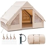 HOMASIS Tienda de campaña inflable para 4 a 6 personas, tienda de campaña ligera al aire libre impermeable con 2 puertas, 7 ventanas de mosquitero, tienda de algodón con bomba, 295 x 202 x 200 cm