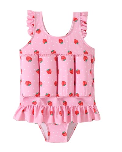 Toddler Floatation Swimsuit Girls One Piece Float Suit with Built-in Floats Cute Ruffle Sleeve Floating Swim Suit UPF 50+ Floatie Bathing Suit Pink Strawberry 5-6 Years