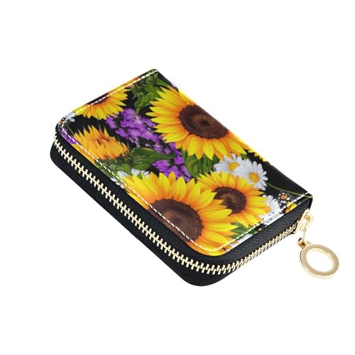 Zip Around Wallet for Women RFID Blocking Credit Card Holders Leather Zipper Travel Wallet with Key Ring Floral Vibrant Sunflowers