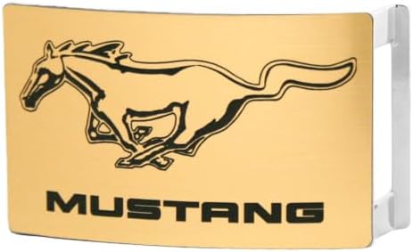 Belt Buckle, Mustang Text Brushed Gold & Black Rectangle, 3.75 by 2.5 Inch image 3