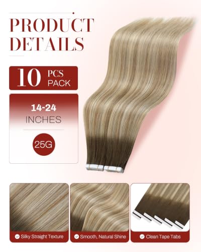 Image of Moresoo Brown Blonde Tape Extensions Human Hair 24in 10Pcs 25g