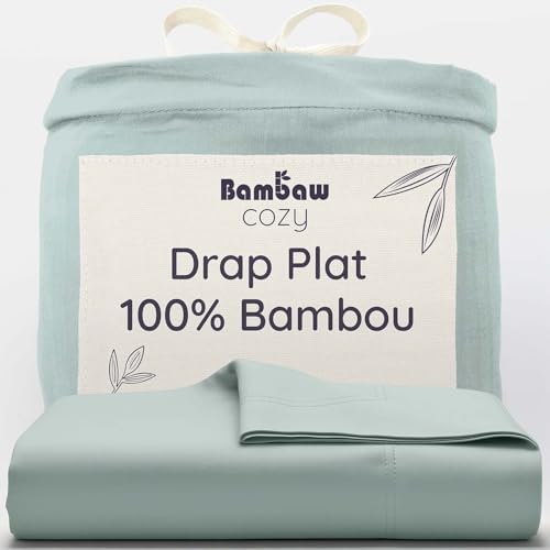 Bambaw Drap Plat 2 Personnes Bambou 240x290 cm, Linge de Lit Bambou Anti Acariens et Hypoallergénique, Drap Eté et Hiver Thermorégulateur, Certifié Oeko-Tex (Vert d’Eau)