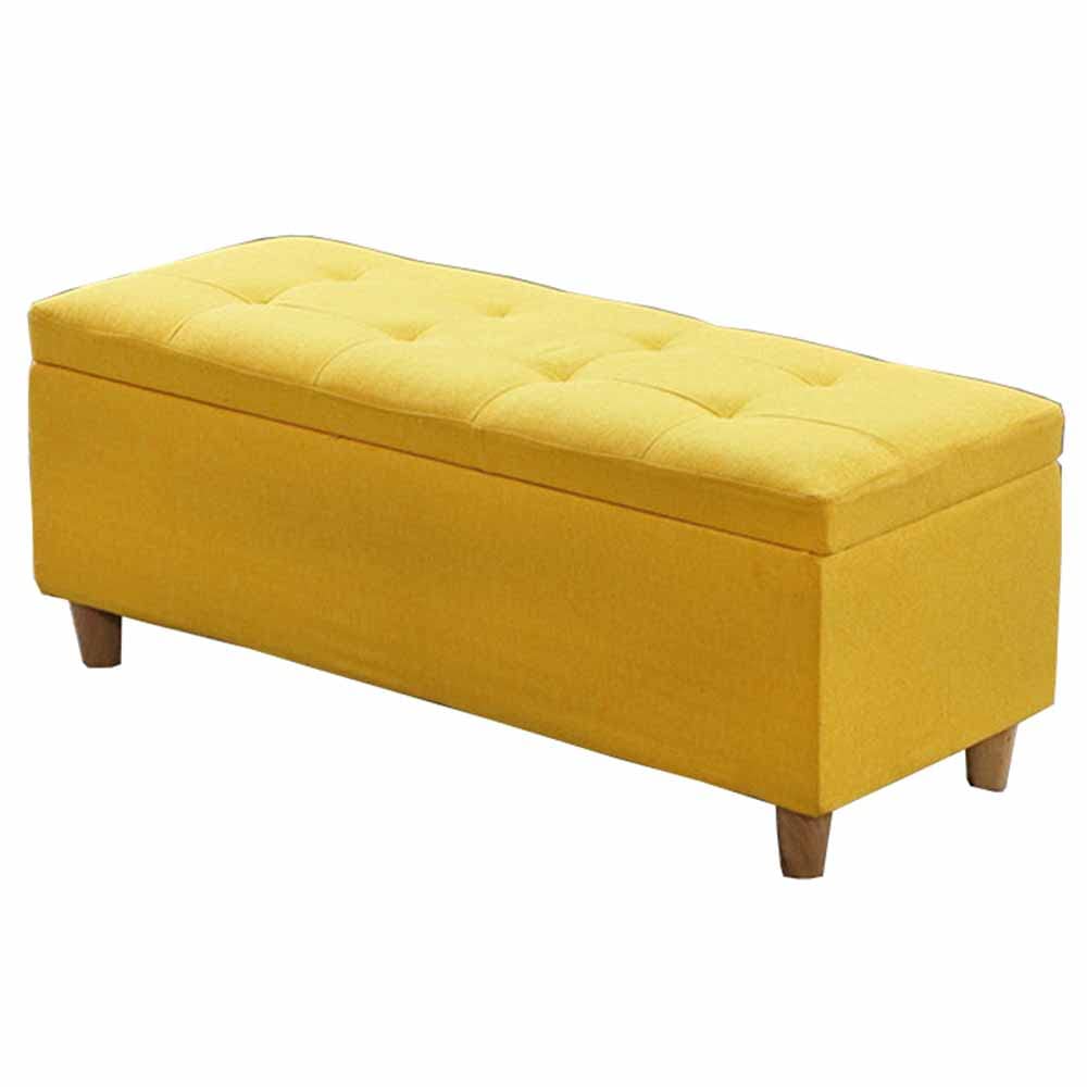 Banc de rangement rembourré 100x40x40 cm et pouf coffre en tissu lin jaune capitonné