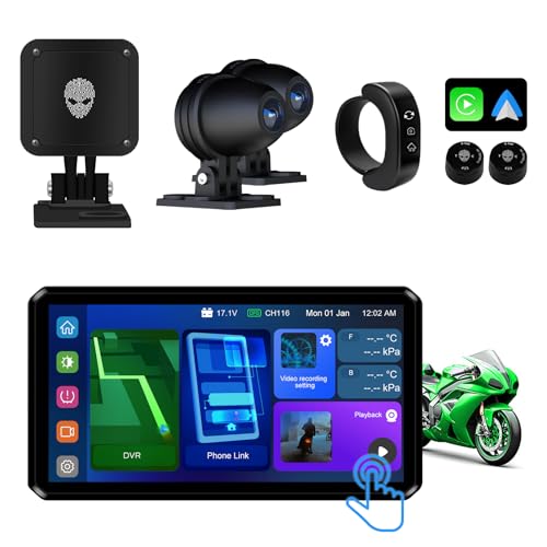 AlienRider M12S Motorcycle 77G Millimeter Wave Radar Blind Spot Warning,Dash cam Front and Rear,Wireless CarPlay/Android Auto,Wired Remote,Night Vision,TPMS,G-Sensor,1080P(Host+Tpms+Cameras+Radar)