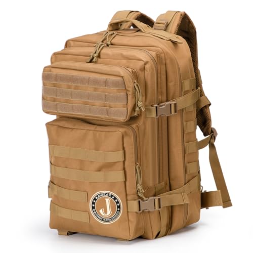 aiGear Tactical Backpack, 45L Khaki Military Backpack with Initial Letter J, Large MOLLE Backpack, Ideal Army backpack for Men Women Camping Hiking Hunting - aiGear