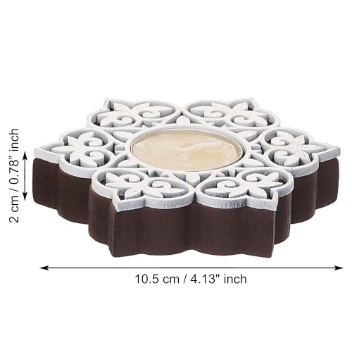 Image of eCraftIndia Set of 2 White Brown Wooden Floral Printing Block Decorative Tea Light Candle Holders, Diya Stands | Tea Light Holders | Christmas Diwali Decoration Items for Home Decor