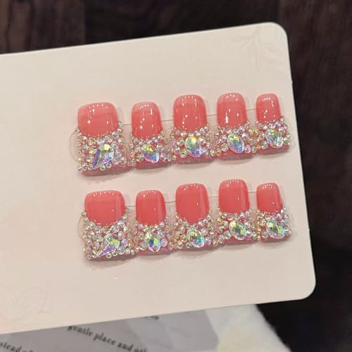 Handmade press on nails Duck Medium Fake Nails Pink French False Nails with 3D Rhinestones Designs luxury Charm Acrylic Nails for Women 10pcs (Size M