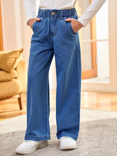 Haloumoning Girls Wide Leg Jeans Kids Elastic Waist Casual Demin Pants with Pockets 5-14 Years3