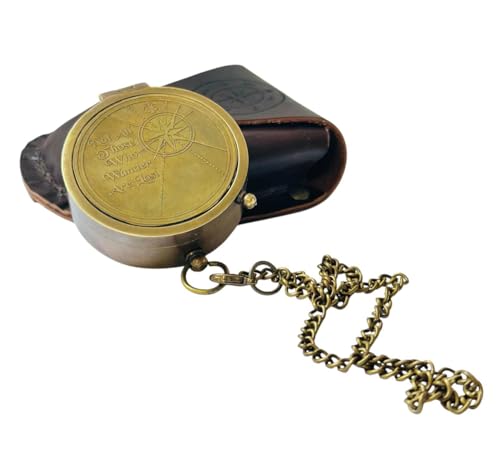 Brújula de Bolsillo de Latón Antiguo con Estuche de Cuero y Cadena miniatura 3