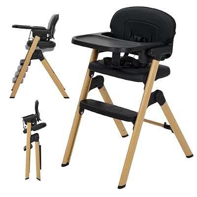 Baby High Chair for Babies Toddlers, Foldable Portable Highchair, Toddler Feeding Seat, Easy Clean Waterproof Cushion, Removable Tray, Adjustable Footrest, Black Wood Grain Legs