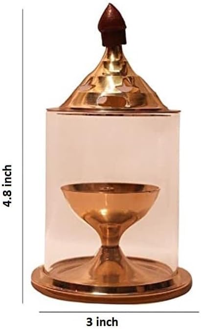 Heaven Decor Brass and Glass akhand Deep Diya with Cover for Puja | Deepam Jyot Diya Oil Lamp | Puja Article, Puja Item, Home Temple 4.8"