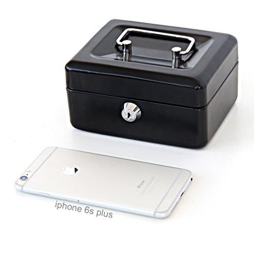 Image of Decaller Small Cash Box With Key Lock, Portable Metal Money Box With Double Layer & 2 Keys For Security, Black, 6 1 /5 inchx5 inchx3 inch, Qh1509Xs