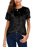 Women's Crew Neck Velvet Top Short Sleeve T-Shirt (XL, Black)