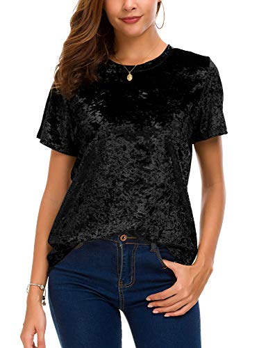 Women's Crew Neck Velvet Top Short Sleeve T-Shirt4