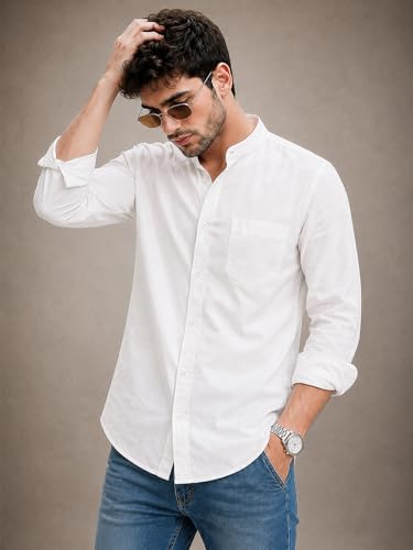 Image of Veirdo Men's Stylish Solid Casual Shirt | Chinese Collar Pure Cotton | Available in Black, Brown, Rust, Olive, White & Navy | Sizes S to XXL