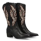 shoes&blues.es 95431 Bota Cowboy para Mujer de Cana Alta con Bordados Multicolor. Punta Fina y Tacon Ancho, Ideal para Otono Invierno. Negro Talla 37