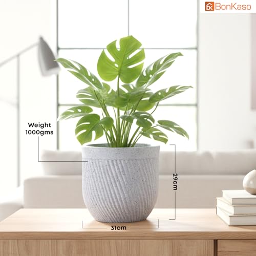 Image of Bonkaso 12 Inch Seltos Ribbed Planter for Indoor & Outdoor Use | Round Heavy Duty Polymer Flower Pot | Lightweight Weather Resistant Modern Gamla for Living Room Balcony & Terrace (White)