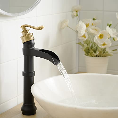 Bathlavish Vessel Sink Faucet Black Gold Waterfall Tall Bathroom Faucet Farmhouse Single Hole Single Handle Lavatory Vanity Bowl With Pop Up Drain Without Overflow #TOP6