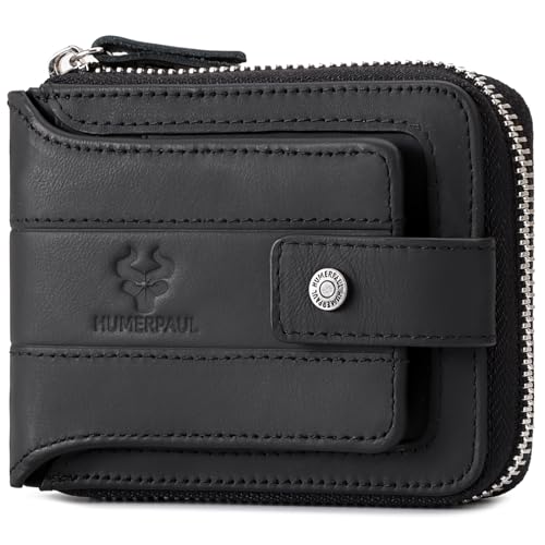 gzcz Mens Wallet with Zipper Genuine Leather Bifold Purse for Mens ID Window and Zip Coin Pocket (Black)