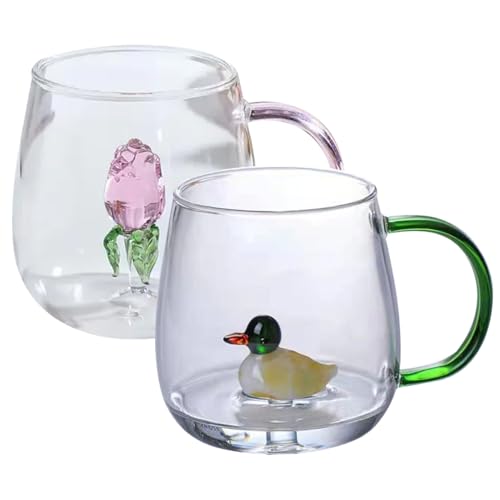 2Pcs 3D Animal Coffee Mug, 400ml Cute Coffee Cup Ceramics Cartoon Glass Animal Inside Heat Resistant Drinking Glasses with Handle for Home Office Tea Juice Milk