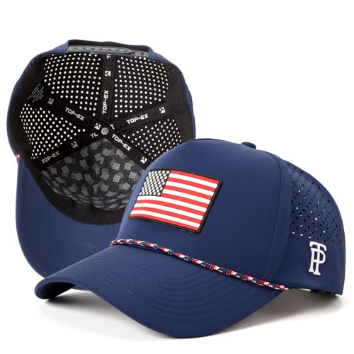 TOP-EX Performance Rope Snapback Hat Water-Resistant Beathable Baseball Cap for Men Golf Workout Gym Hat Navy Blue USA Flag Medium Large