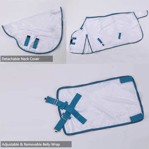 Image of Horse Fly Sheet with Detachable Neck Cover & Belly Wrap, Adjustable Fly Sheet for Horses, Ventilated Airflow Mesh Equine Cooling Summer Flysheet White 81