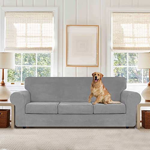 Weerrw YHRSC-L-08SI 4 Pieces Velvet High Stretch Couch Covers For 3 Cushion Couch Sofa Slipcovers, Washable Furniture Protector With Non Slip Elastic Bottom, Feature Soft And Thick Plush Fabric, Silver Grey thumb #1