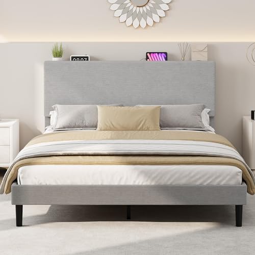 Image of GarveeLife Corduroy Upholstered Platform Bed Frame with USB Charging Station, Adjustable Storage Headboard, Wooden Slat Support, No Box Spring Needed, Easy Assembly, Queen Light Gray