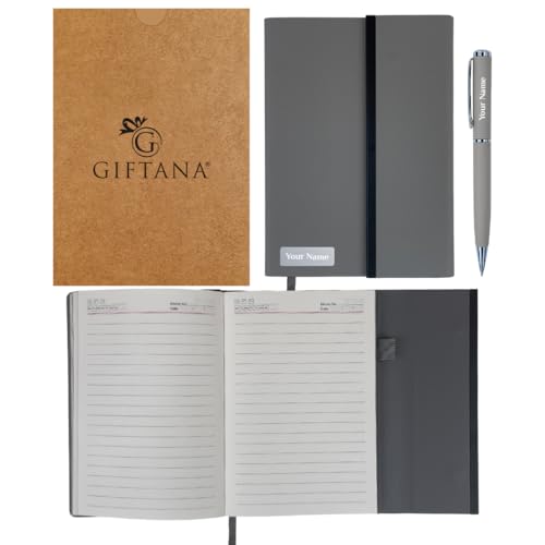 Image of Giftana Personalized Notebook Diary with Pen Gift Set for Men and Women, 2 in 1 Customized Office Diaries A5 Size Notebook, Diwali Gifts, Personalised New Year Corporate Gifts for Employees (Grey)