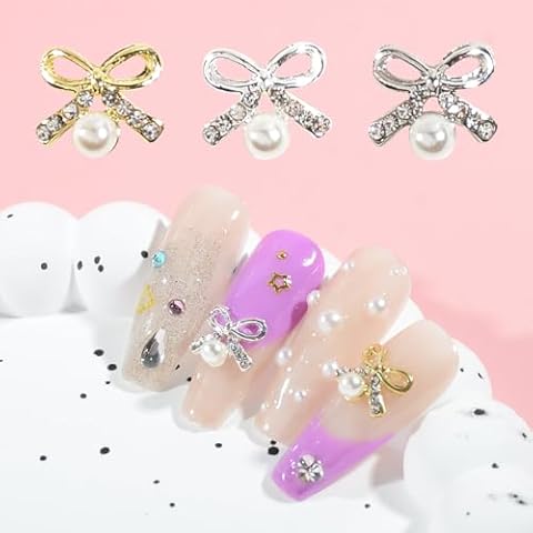 QIMYAR 20Pcs 3D Bowknot Nail Charms Rhinestones Diamonds Glitter Gold Silver Alloy Bow Design Charms Nail Studs Gems for Women Girl Nail Jewelry Making Crafts Cover