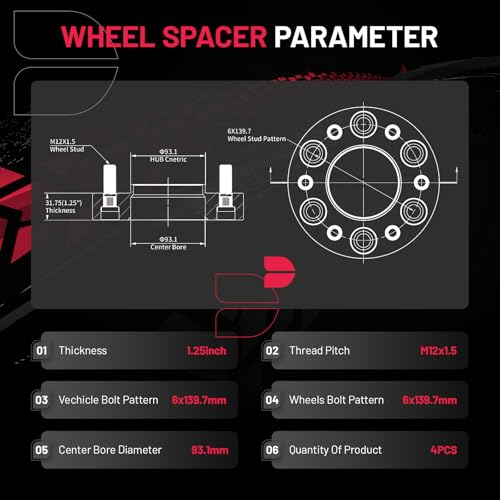 Image of BDFHYK 6x139.7mm Wheel Spacers 1.25 inch 6x5.5 Hubcentric Wheel Spacer Compatible with 21-23 Bronco,11-23 Ranger, Forged 6 Lug Wheel Adapters M12x1.5 & 93.1mm Hub Bore, Set of 4