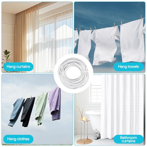 Miniatura 7 de Bubuny 15m Alambre De Cortina, Blanco Gusanillo, Cuerdas Con 30 Pares Ganchos Atornillables Y Ojales, Cortinas Ducha, Tendederos