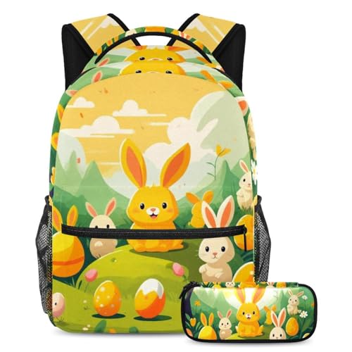 Sac à dos et trousse lapin de Pâques jaune 29x20x40cm pour ados