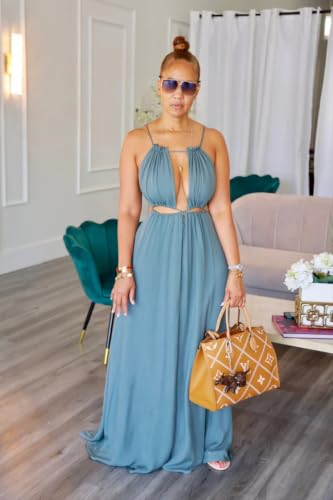 Image of Yeshire Womens Summer Spaghetti Strap Maxi Dress Sleeveless Sexy Cutout Drawstring Boho Beach Vacation Party Dresses