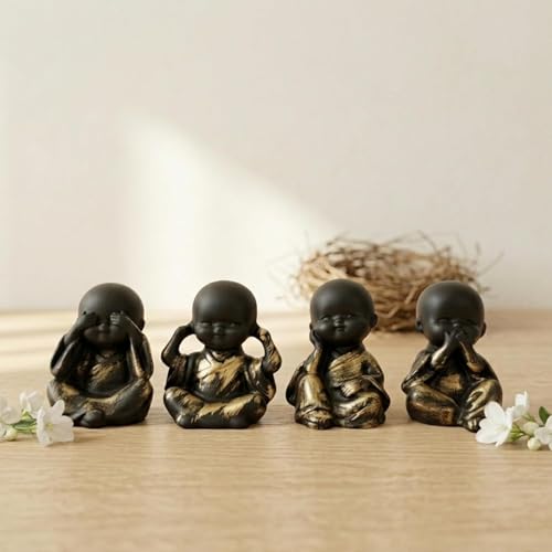 Image of eCraftIndia Set of 4 Meditating Monk Baby Buddha Idols | See Hear Speak Pray No Evil Figurines for Home Decor, Living Room, Office Desk | Decorative Spiritual Showpiece Gift Set