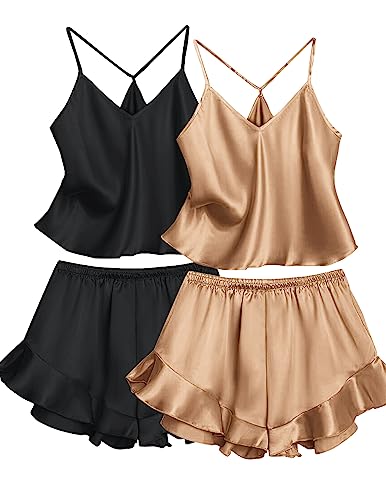 Ekouaer Satin Pajamas Women 2 Pack Silk V Neck Pjs Set Camisole Tank Top And Ruffle Shorts Set Sleepwear #TOP22