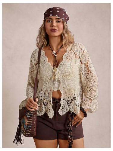 Image of SHENHE Women's Plus Size Hollow Out Cardigan Lightweight Sheer Tie Front Boho Kimono