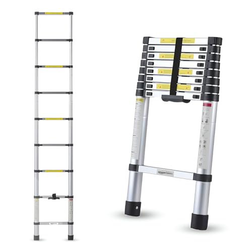 Image of Amazon Basics 2.6m (8.5 feet) Portable & Compact Aluminum Telescopic Ladder | 2-Year Warranty | EN131 Complied 9-Steps Foldable Multipurpose Step Ladder for Home & Outdoor use