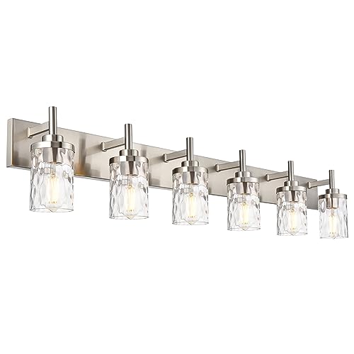 Image of Bathroom Vanity Lighting Fixtures 6 Lights,Brushed Nickel Bathroom Vanity Lights with Clear Hammered Shade Wall Sconce Lighting Modern Farmhouse Bath Lighting