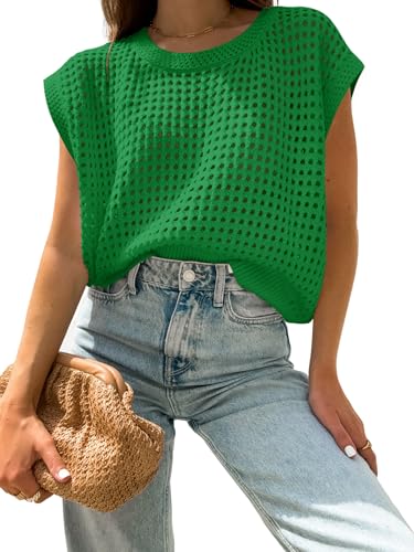 Image of Womens Summer Crochet Tops Hollow Out Cap Sleeve Cover Up Tank Top Pullover Sweater Vest Beach Vacation Clothes