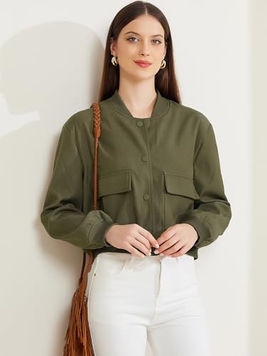 Allegra K Button Down Bomber Jacket for Women's Stand Collar Long Sleeve Casual Cropped Coat Outwear4