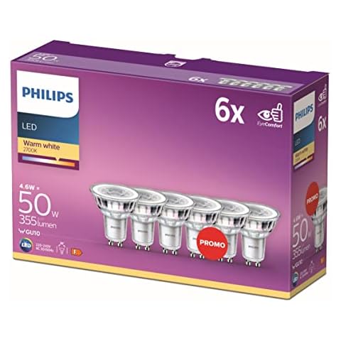 Philips - Pack de 6 bombillas LED cristal 50W, GU10, luz blanca cálida Cover