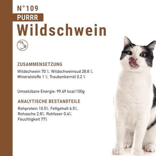 catz finefood Purrrr Wildschwein Monoprotein Katzenfutter nass N° 109, für ernährungssensible Katzen, 70% Fleischanteil, 6 x 400g Dose
